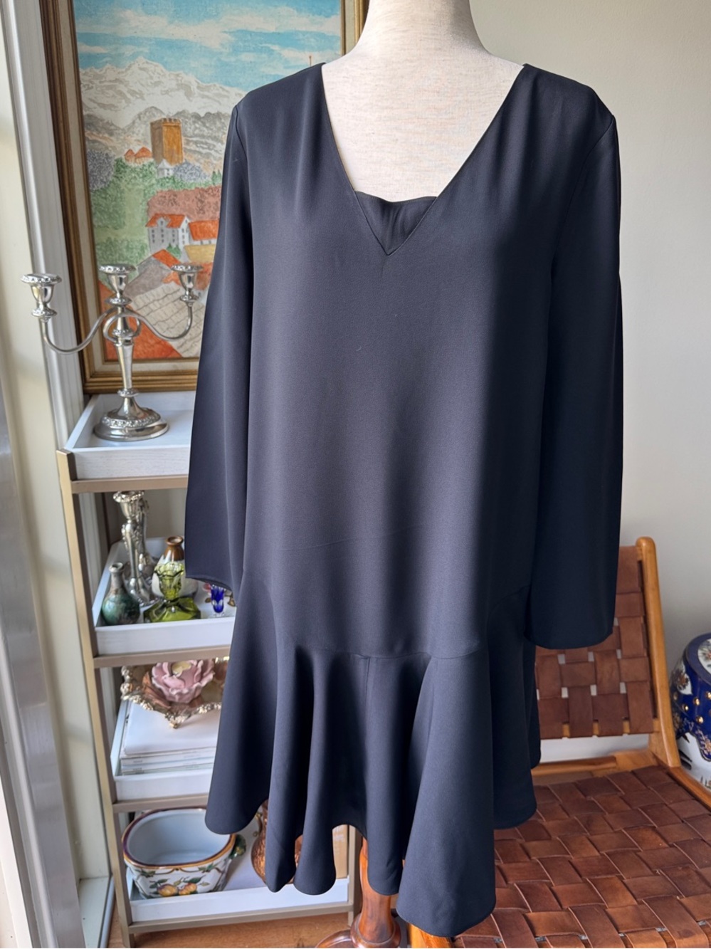 Chloe Black Long-Sleeve V-Neck Ruffle-Hem Dress